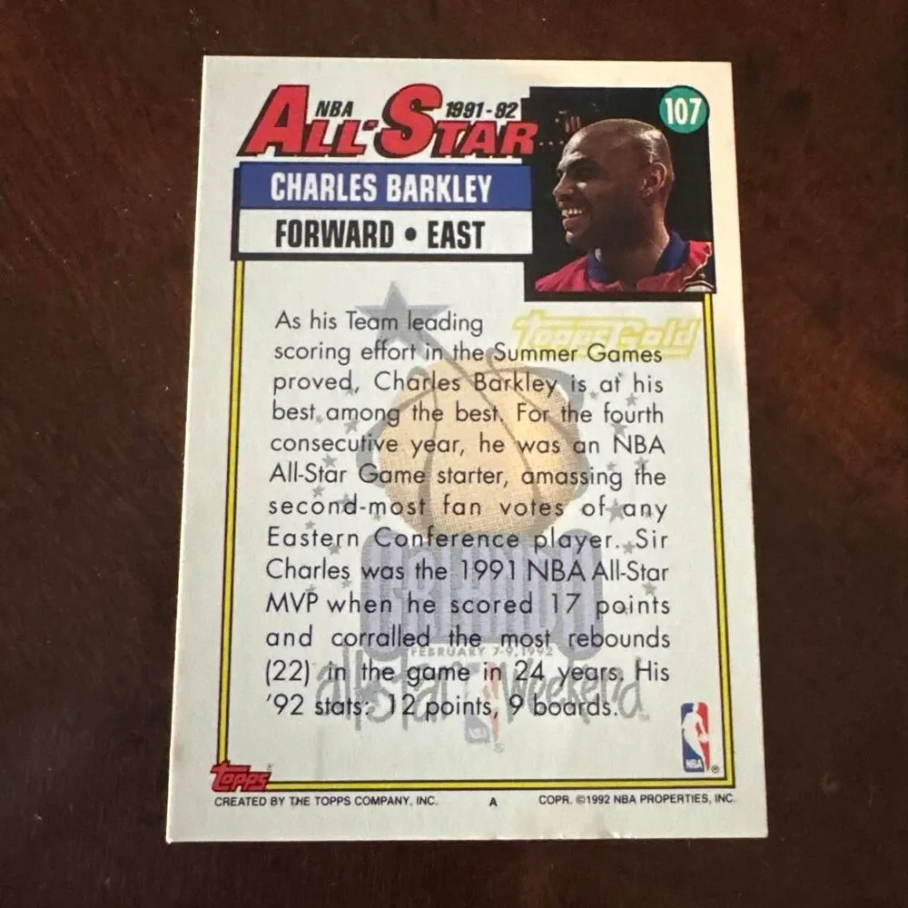 Vintage Charles Barkley 1992 Topps Gold All Star card